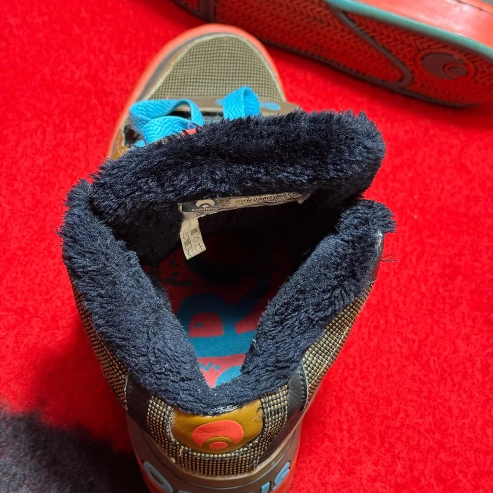 Osiris Tranzor Skate Shoes Mens 10 Brown Orange Blue Faux Fur High Top Sneakers - Picture 9 of 12